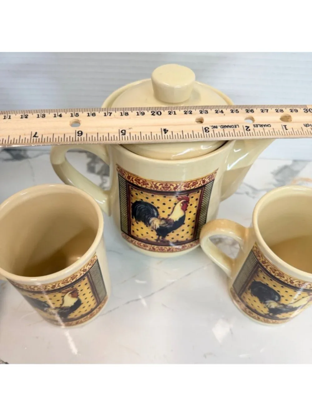 VTG Bay Island Inc Rooster Ceramic Teapot & Mugs 3-Piece Set Farmhouse Decor